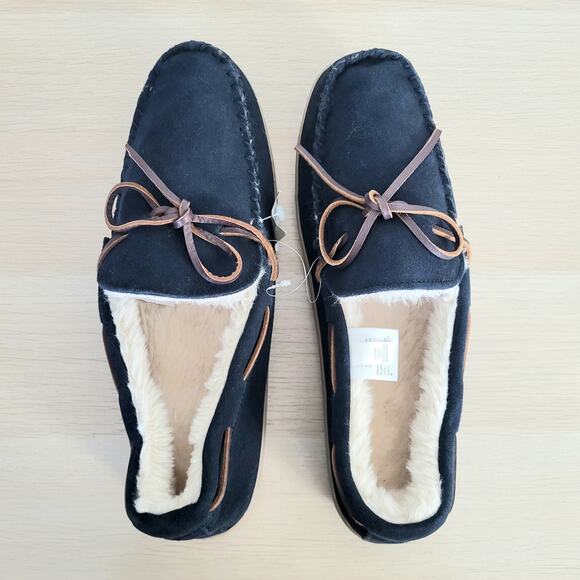 J Crew Mens Sherpa Lined Suede Fuzzy Moccasin Slippers Leather Blue Brown 12 main image 5